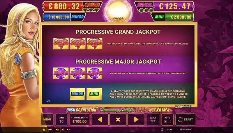 Cash Connection - Charming Lady's Boom Coins - Mini, Minor, Major and Grand Jackpot table